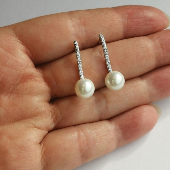 Sterling Silver CZ White Pearl Drop Earrings - Picture 4 of 6